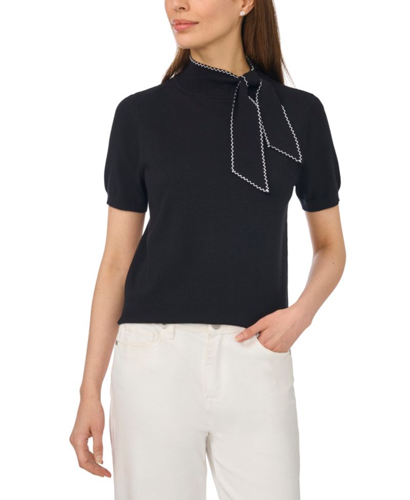 Women's Short-Sleeve Mock-Neck Scarf-Tie-Neck Sweater