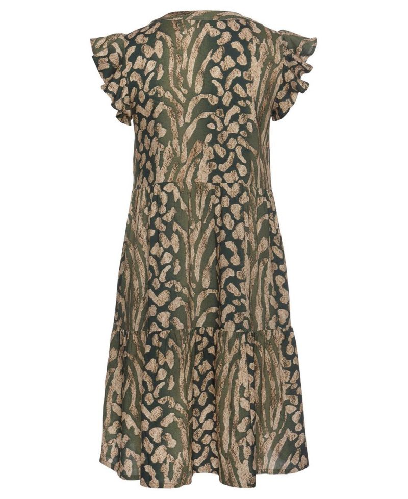 Women's Viscose Animal Print Tiered Ruffle-Trim Notch-Neck Short Dress