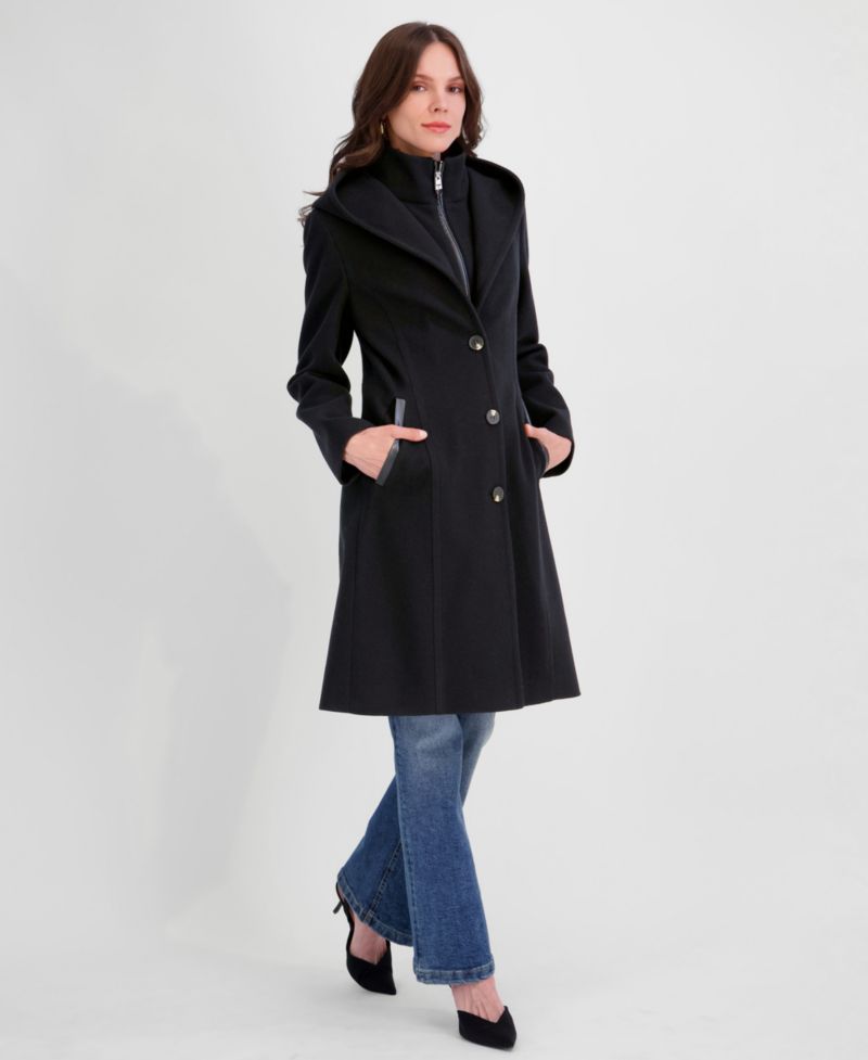 Women's Bibbed Faux-Leather Trimmed Hooded Coat