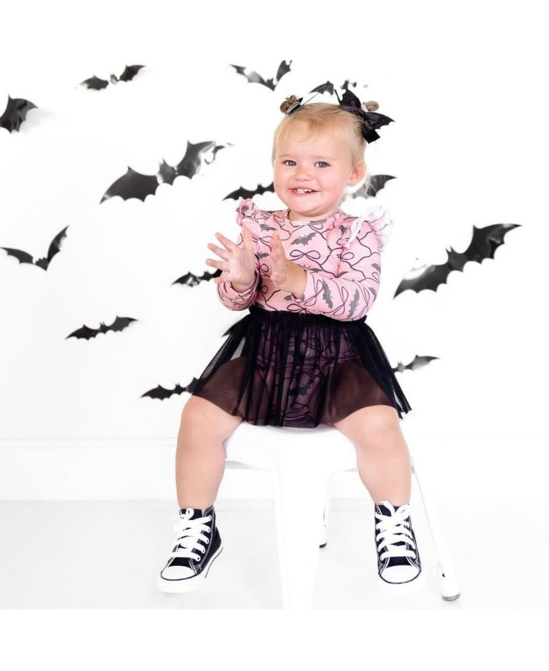 Baby Girls Bat Trellis Printed Halloween Long Sleeve Tutu Bodysuit