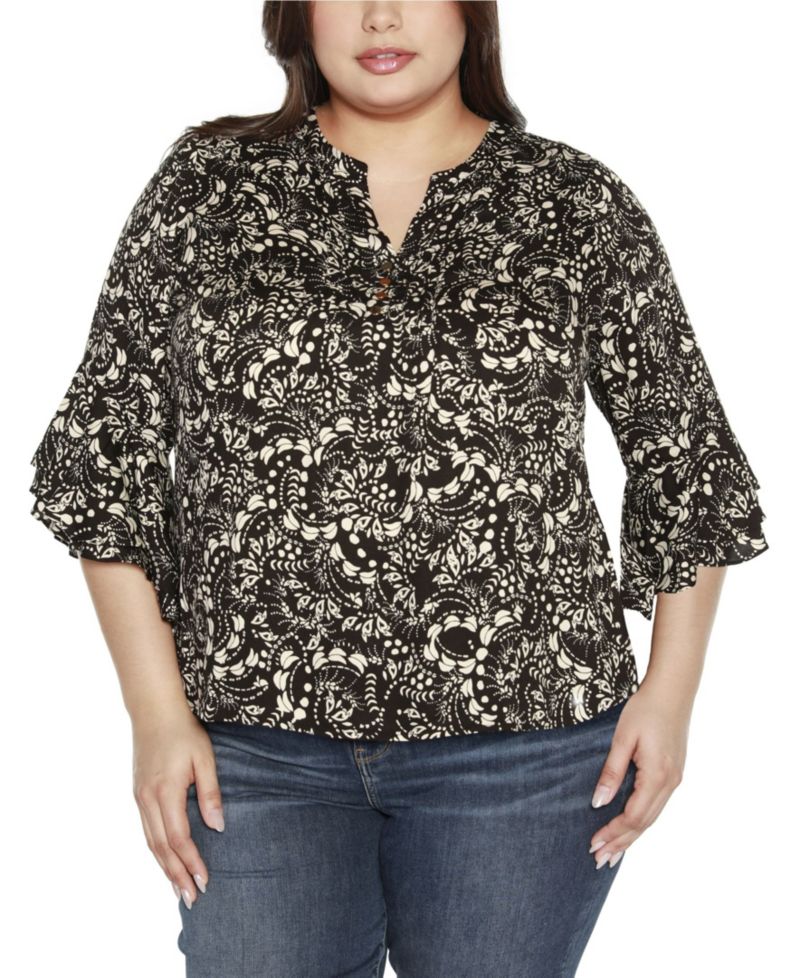 Black Label Plus Size Printed Ruffle Sleeve Top