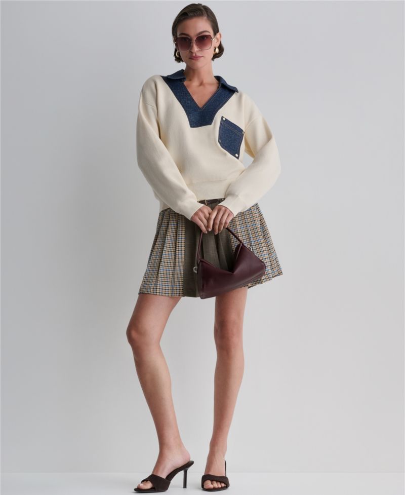 Women's Denim Trim Oversized Collared V-Neck Sweater