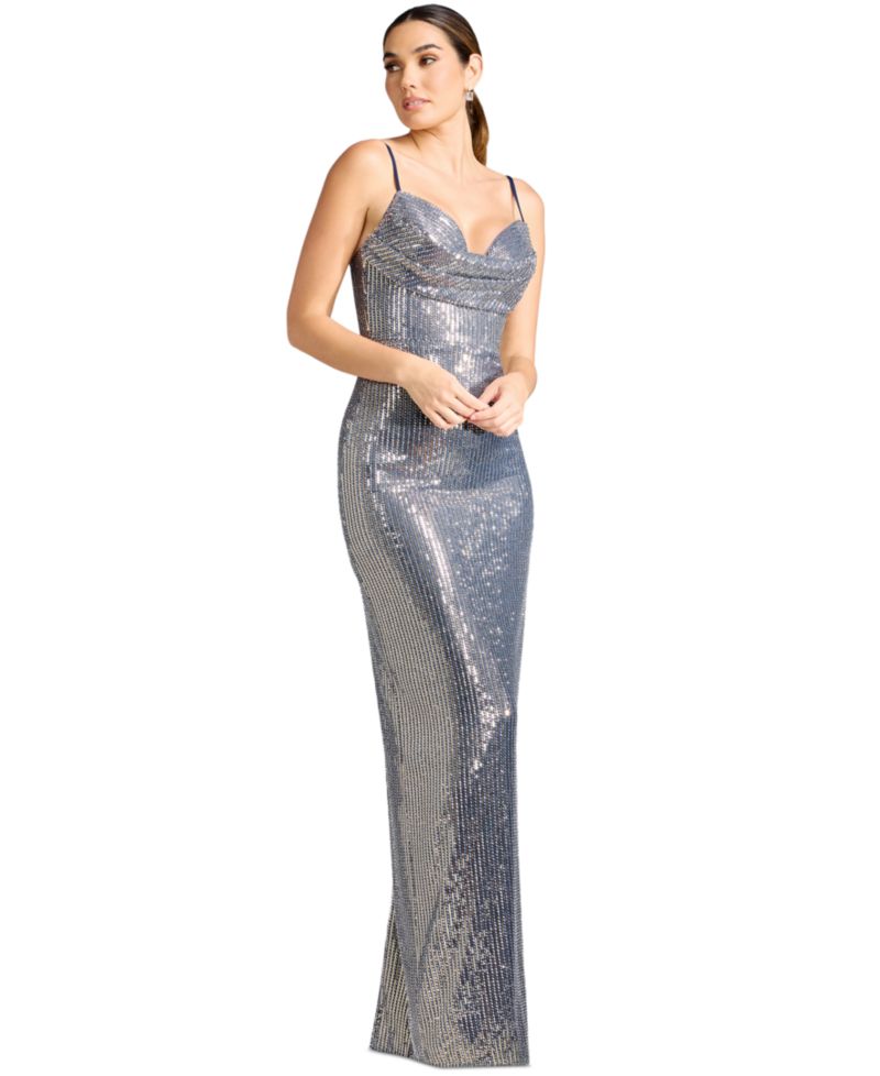 Women's Sleeveless Sweetheart Cowl-Neck Sequin Dress