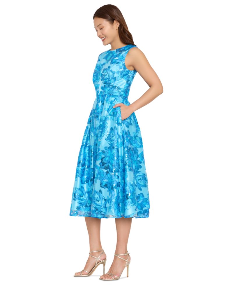 Women's Embroidered Boat Neck Midi Dress