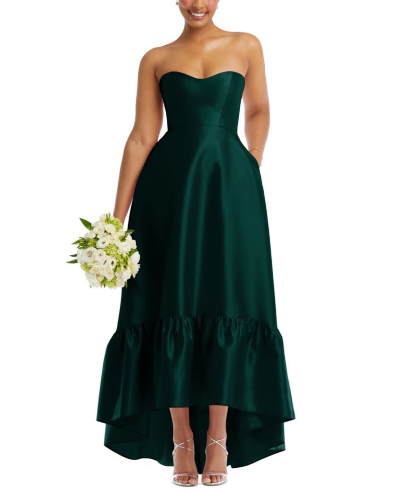 Women's Strapless Deep Ruffle Hem Satin High Low Dress with Pockets