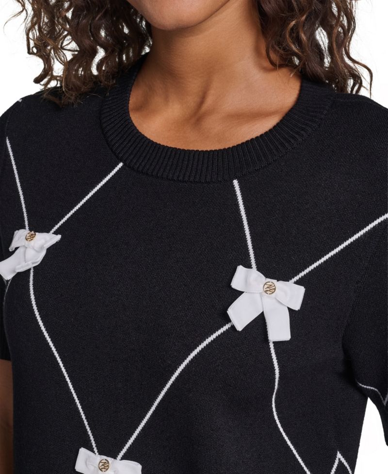 Women's Argyle 3D Bow Short-Sleeve Crewneck Sweater