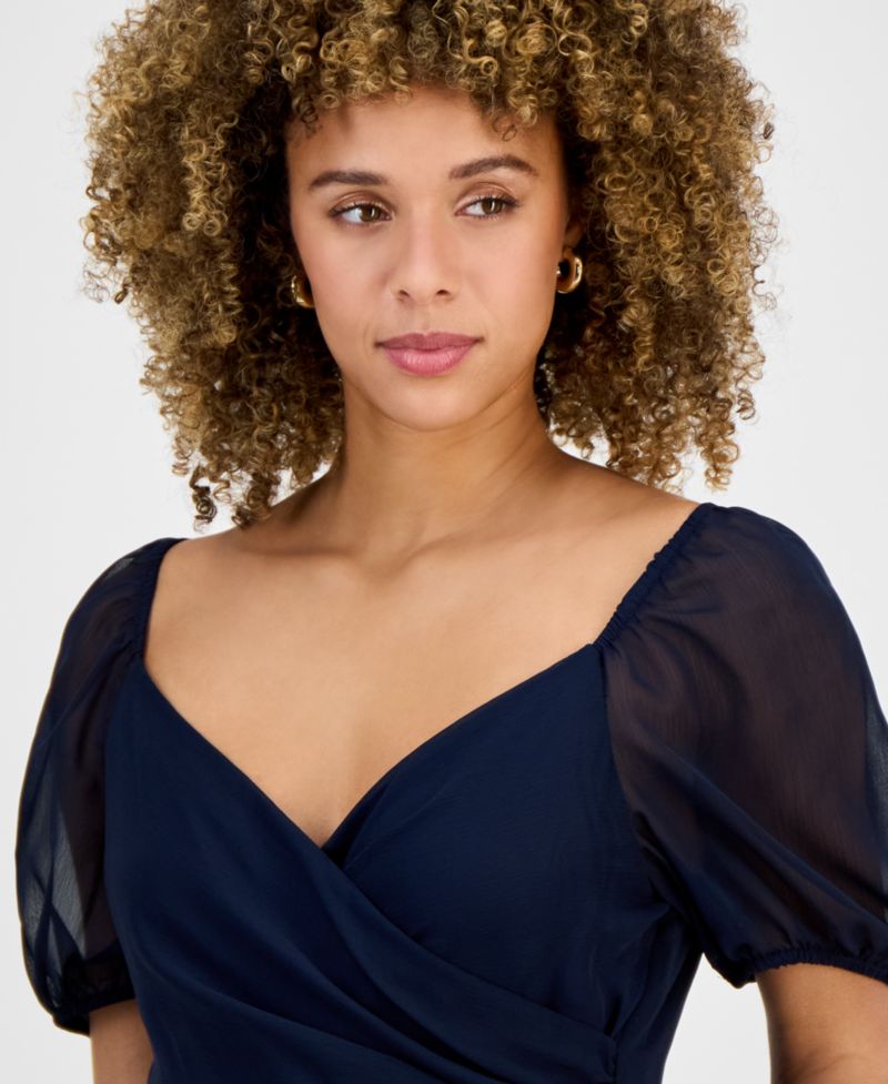 Women's Puff-Sleeve Belted Midi Dress