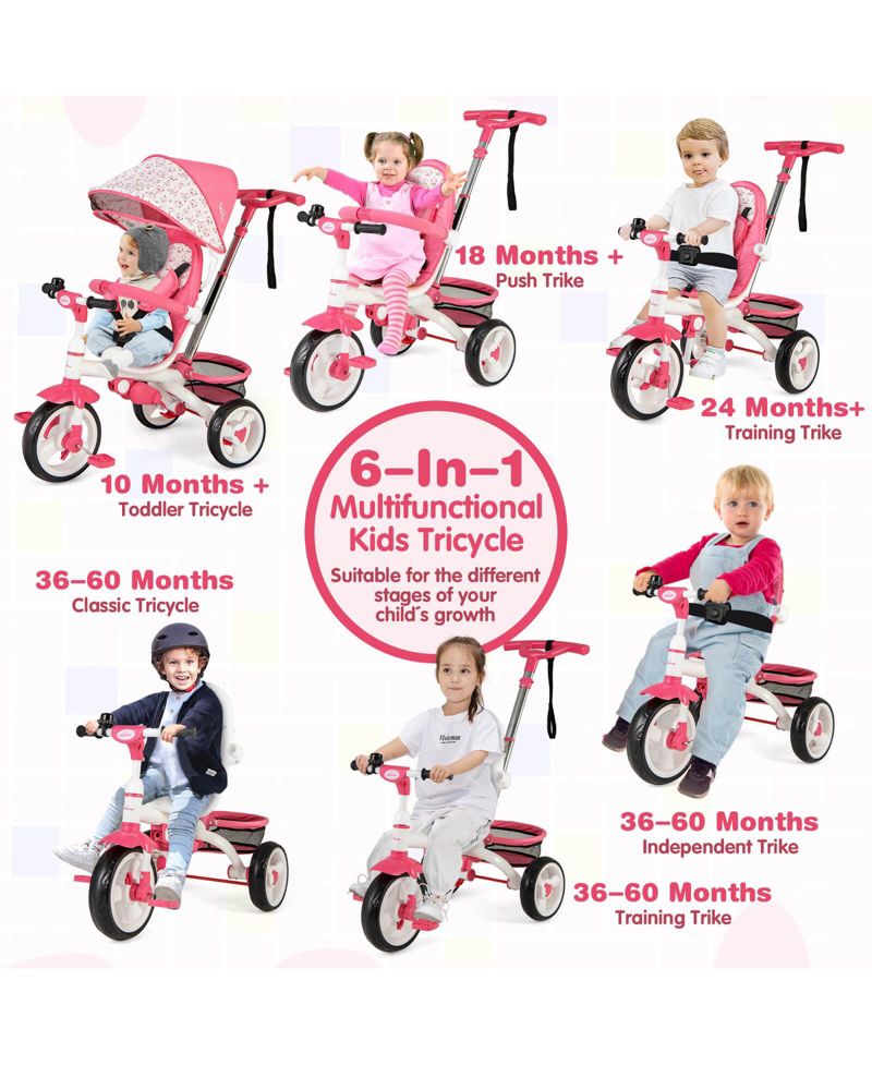 Baby Tricycle Stroller 6-in-1 Kids Push Trike with Removable