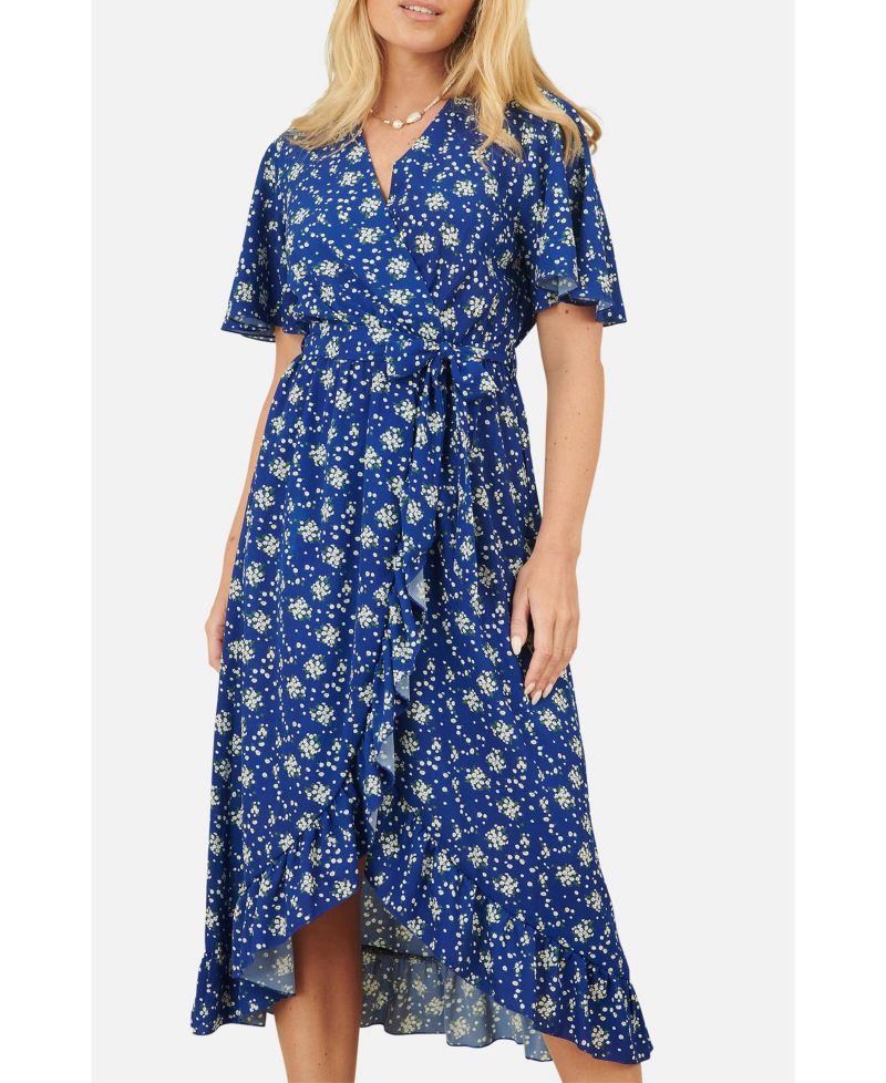 Women's Frilled-Hem Wrap Midi Dress