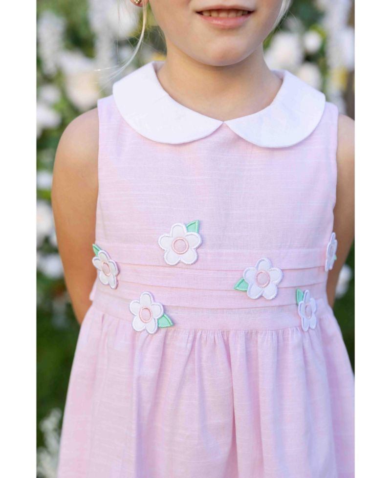 Little Girls Linen Look Dress With Flowers