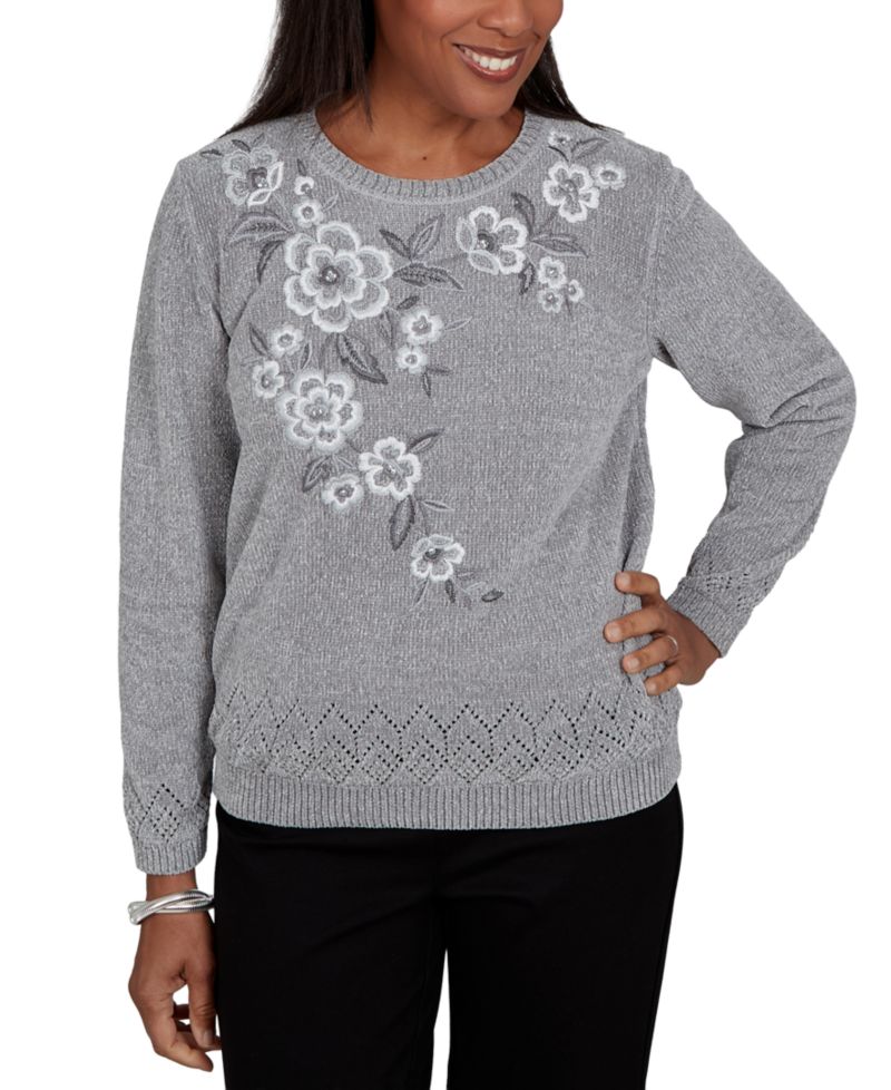 Petite Embroidered Floral Textured Chenille Sweater