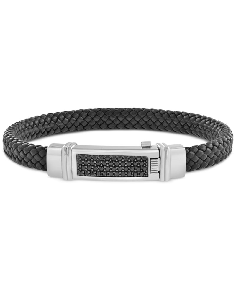 EFFY® Men's Black Spinel Pav&eacute; Woven Black Leather Bracelet (3/4 ct. t.w.) in Sterling Silver