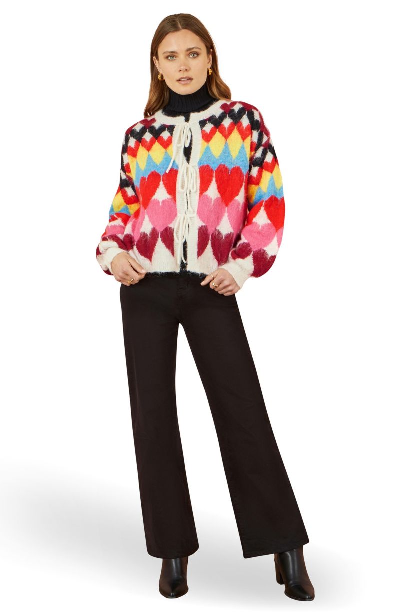 Women's Tie Front Heart Intarsia Cardigan