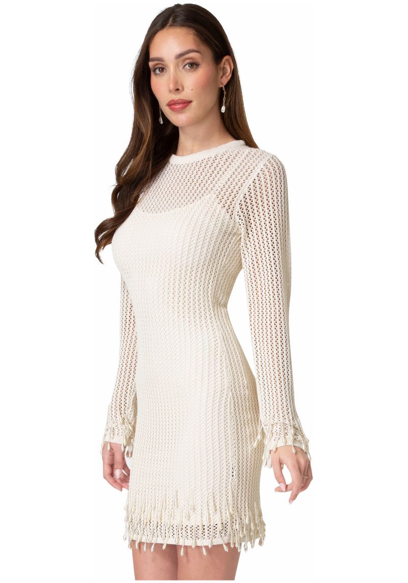 Women's Pearl Embellished Crochet Mini Long-Sleeve Dress