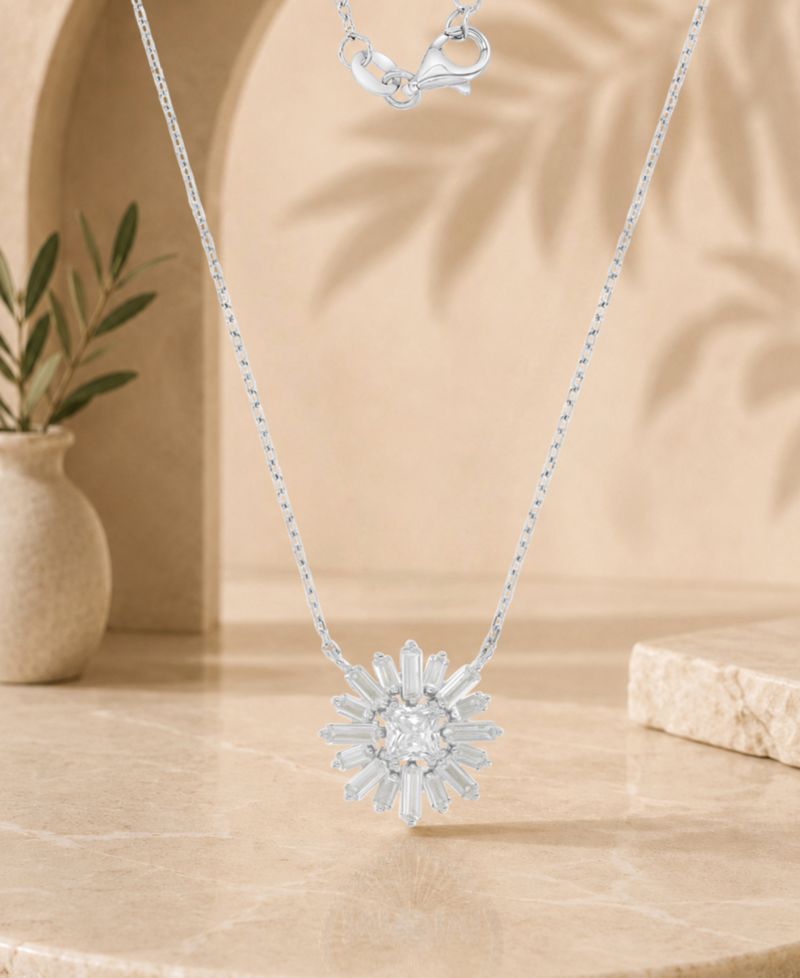 Rhodium Over Sterling Silver Baguette and Princess Cut Cubic Zirconia Sunshine Necklace