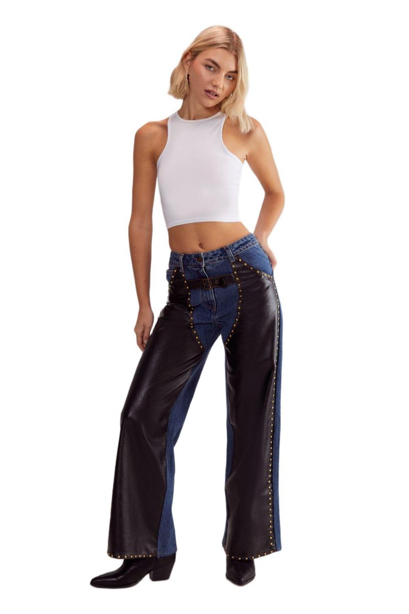 Women's Straight Leg Denim Pu Mix Chap Jeans