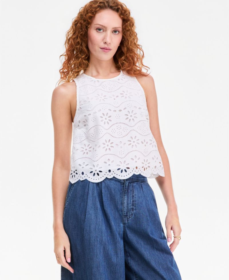 Women's Cotton Sleeveless Eyelet Tank Top