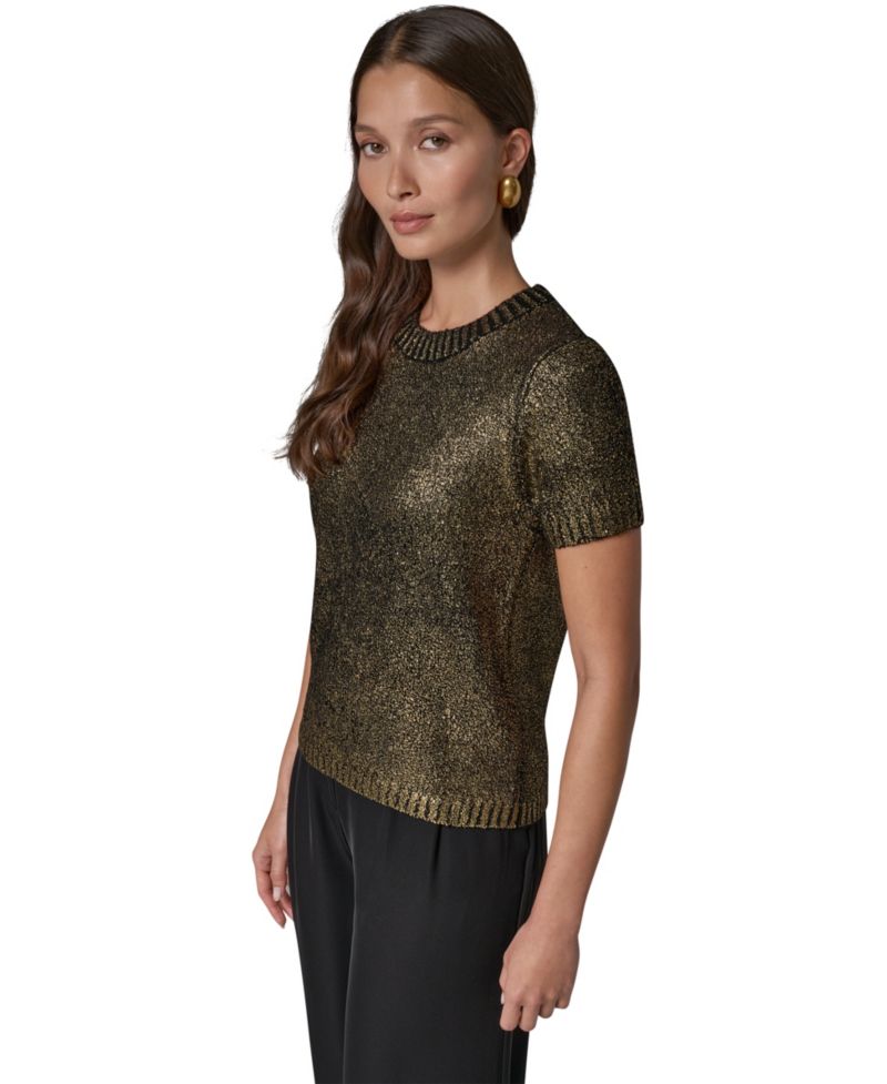 Women's Foil Boucle Short-Sleeve Crewneck Sweater