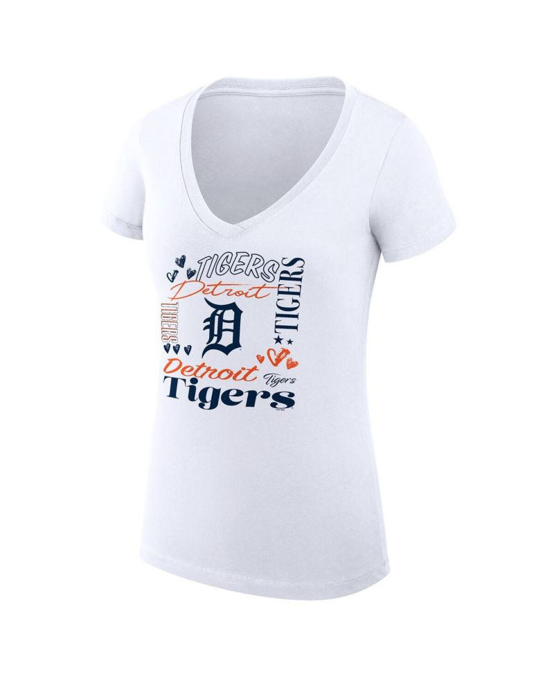 Women's White Detroit Tigers Collage Team Graphic V-Neck Fitted T-Shirt