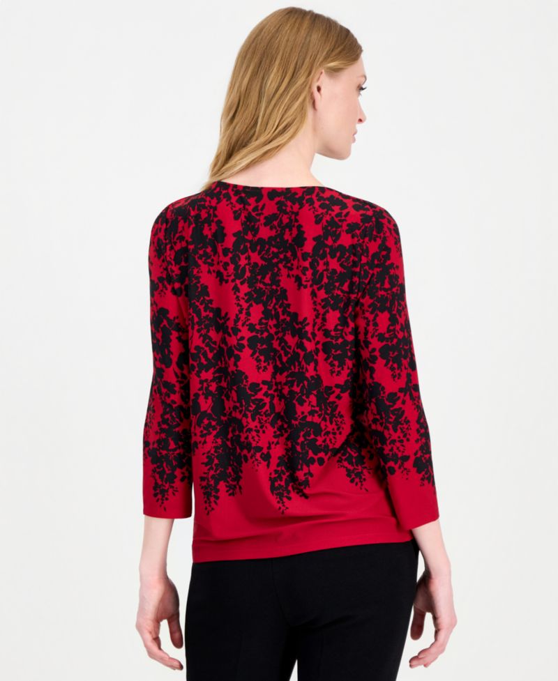 Women's 3/4-Sleeve Floral-Print Pleated-Neckline Blouse