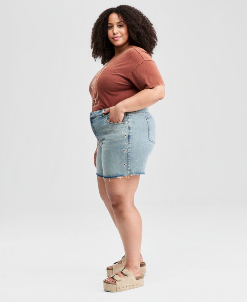 Plus Studded Raw-Hem Jean Shorts