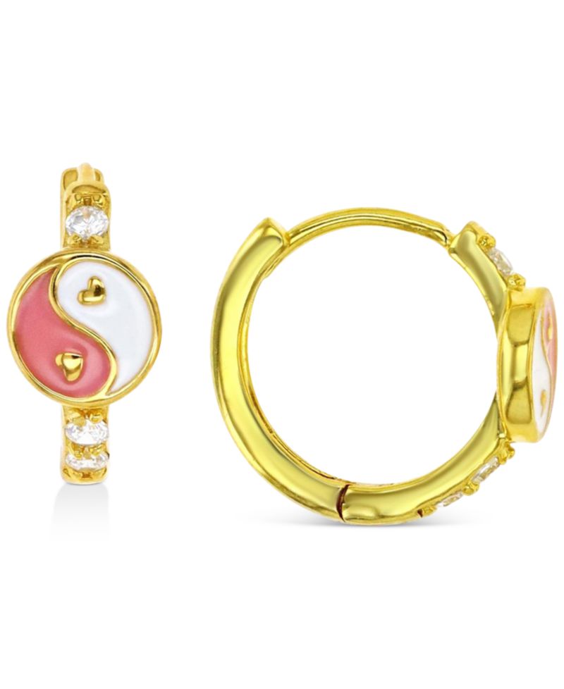Cubic Zirconia & Enamel Yin Yang Small Hoop Earrings, 0.51"