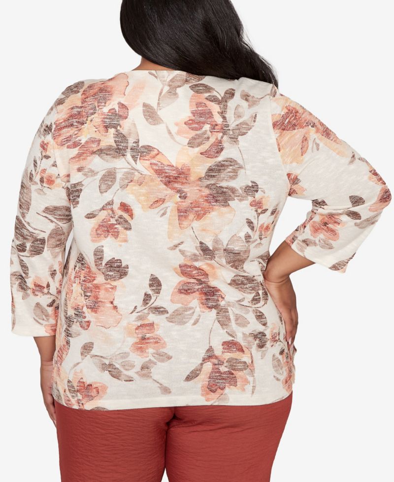 Plus Size Spice Market Embellished Neck Watercolor Floral Top