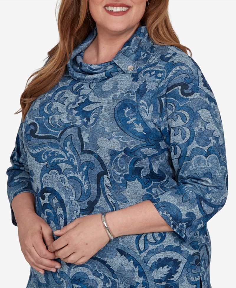 Plus Size Paisley Scroll Cowl Neck Pocket Top
