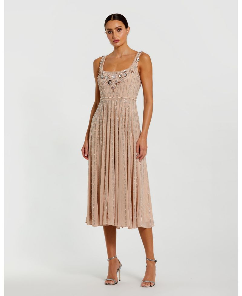Women's Sleeveless Scoop Neck Beaded Georgette Midi Dress