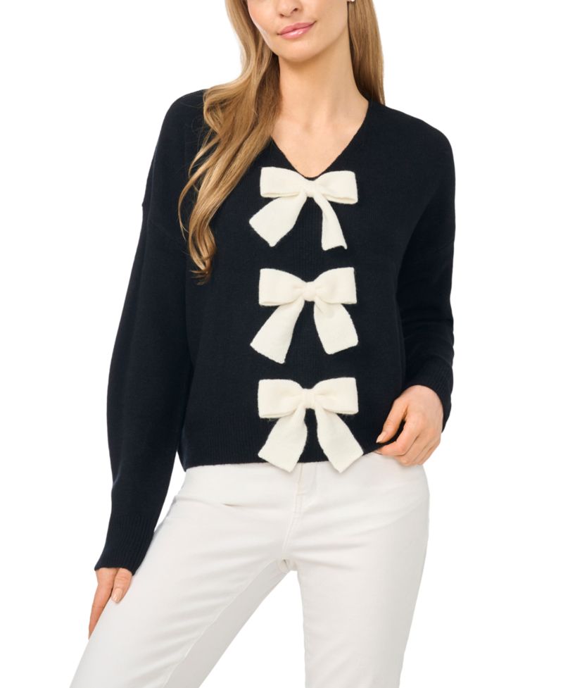 Women's Contrast Bow Detail V-Neck Long Sleeve Sweater