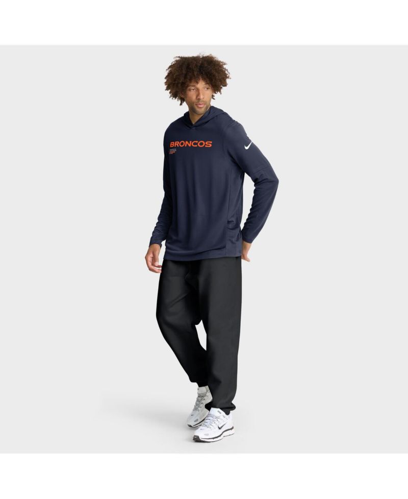 Men's Navy Denver Broncos Sideline Pure Fury Performance Long Sleeve Hoodie T-Shirt