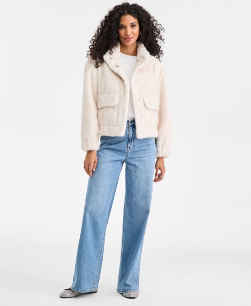 Women's Woven Solid Faux-Fur Bomber Jacket