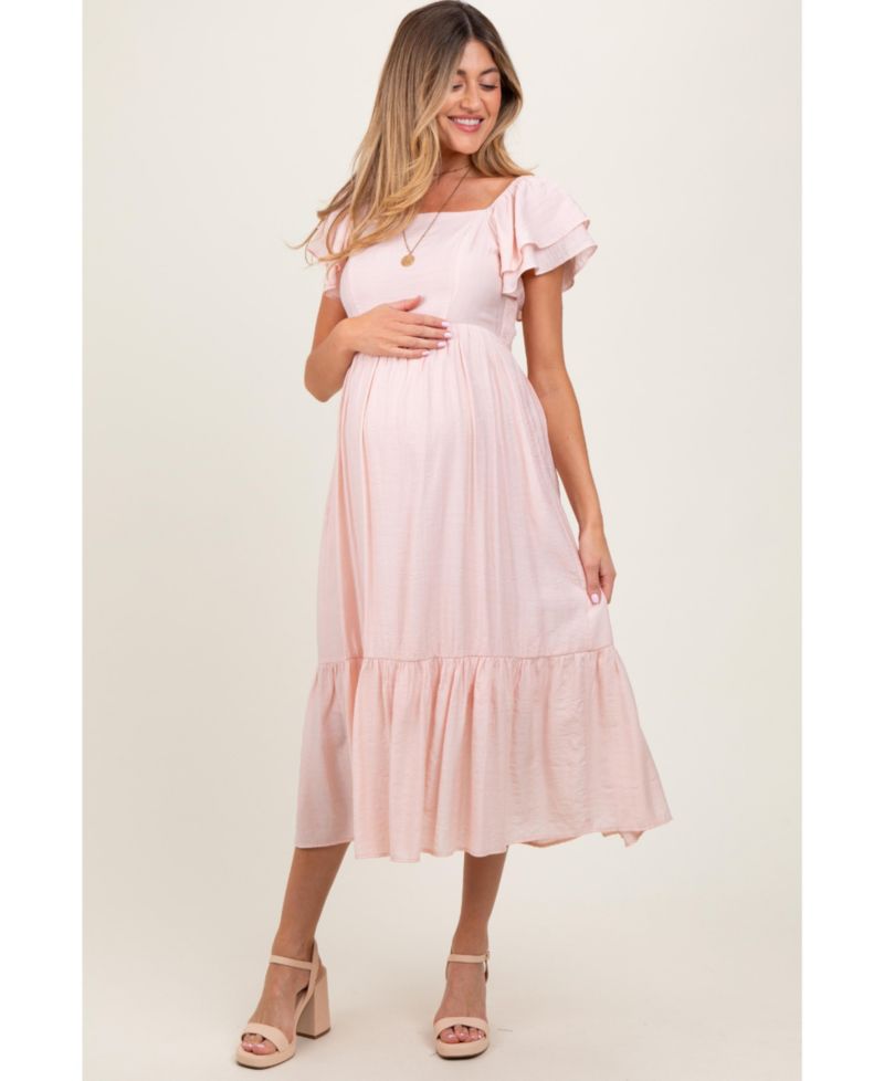 Women's Light Pink Flutter Sleeve Midi Dress
