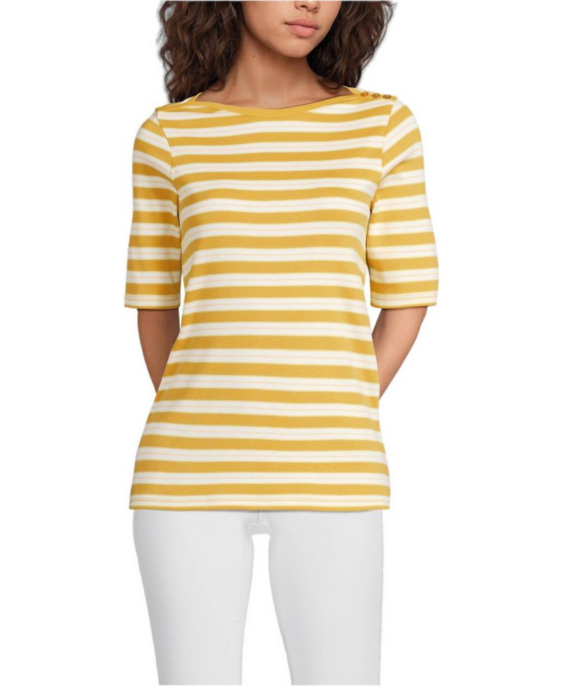 Women's Supima Cotton Elbow Sleeve Boatneck Button Shoulder Tee