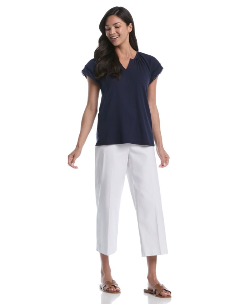 Petite Eyelet Flutter-Sleeve Split Neck Short-Sleeve Top