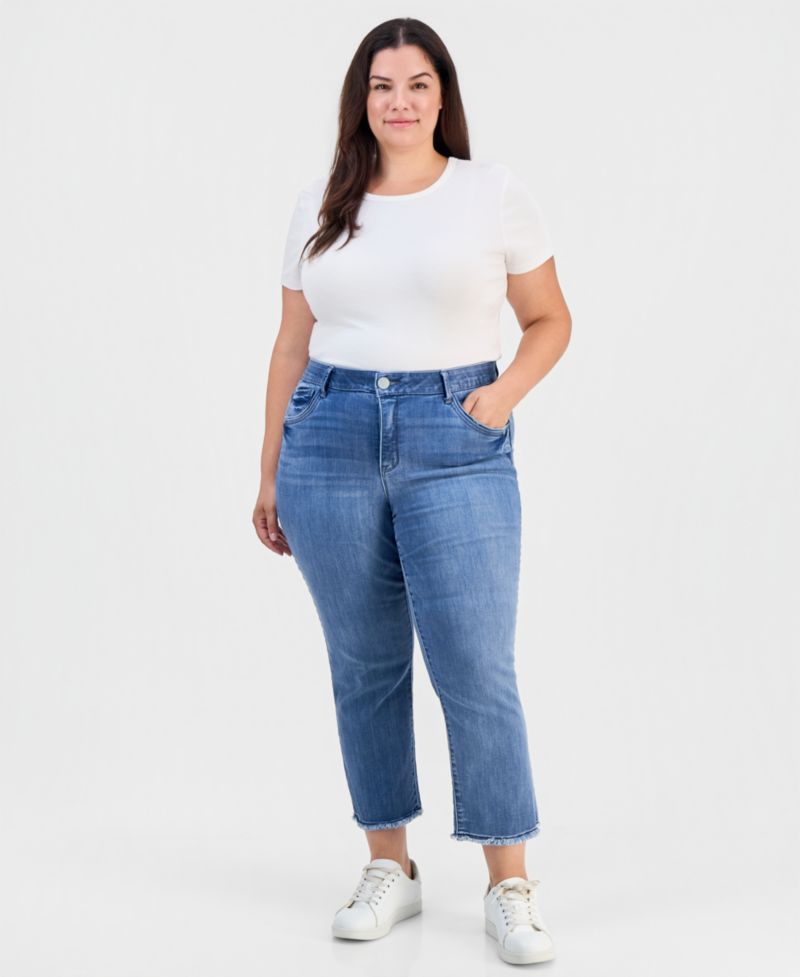Plus Size High-Waisted Straight-Leg Frayed-Hem Jeans