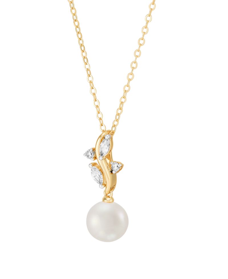 2-Pc. Cultured Freshwater Pearl (7-8mm) & White Cubic Zirconia Drop Earrings and Pendant Necklace Set in 14k Yellow Gold Over Sterling Silver