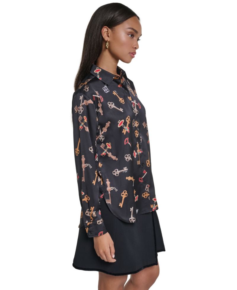 Women's Button Front Long Sleeve Satin Blouse