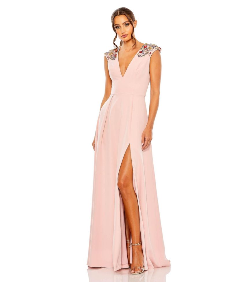 Women's Beaded Cap Sleeve V Neck A Line Gown