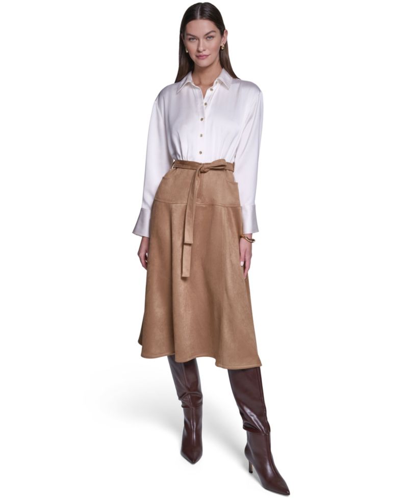 Women's Colorblock A-Line Long-Sleeve Satin & Suede Midi Shirt Dress