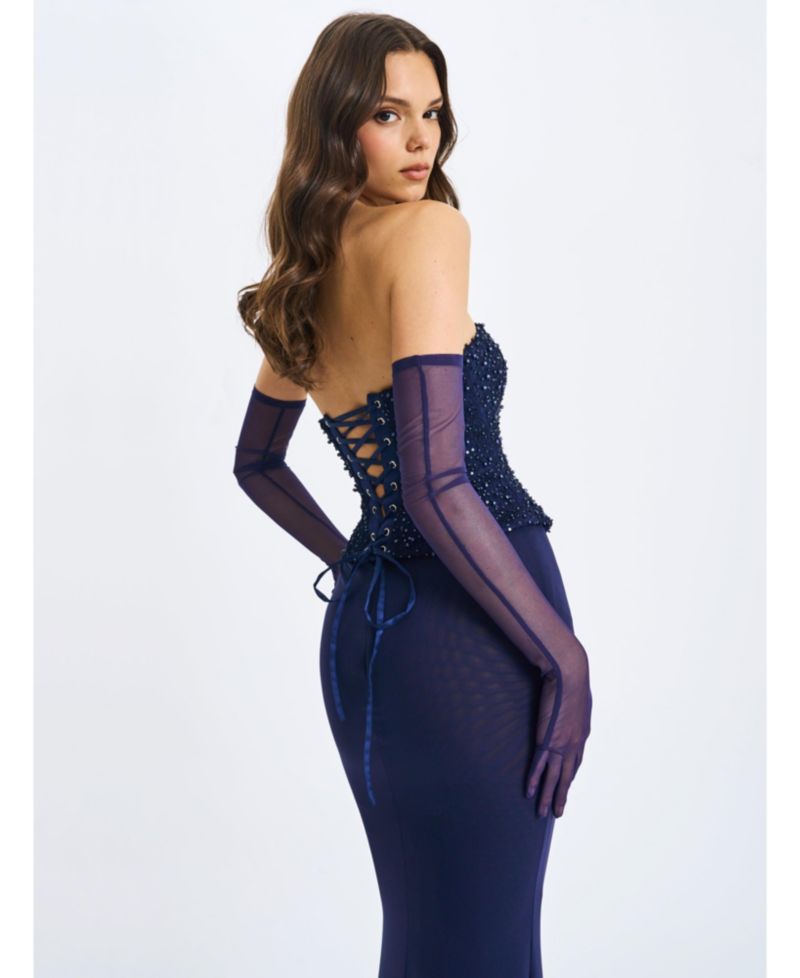 Women's Orabelle Navy Beaded Peplum Mermaid Gown with Lace-up Back