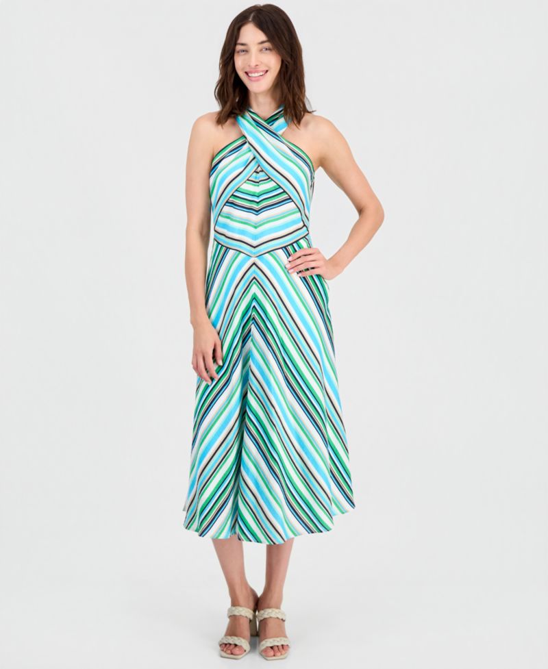 Women's Striped Crisscross Halter Midi Dress