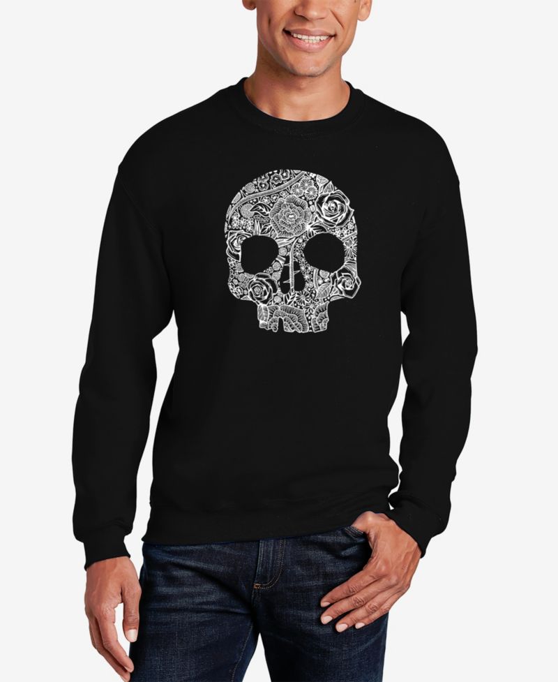 Men's Word Art Crewneck Flower Skull Sweatshirt