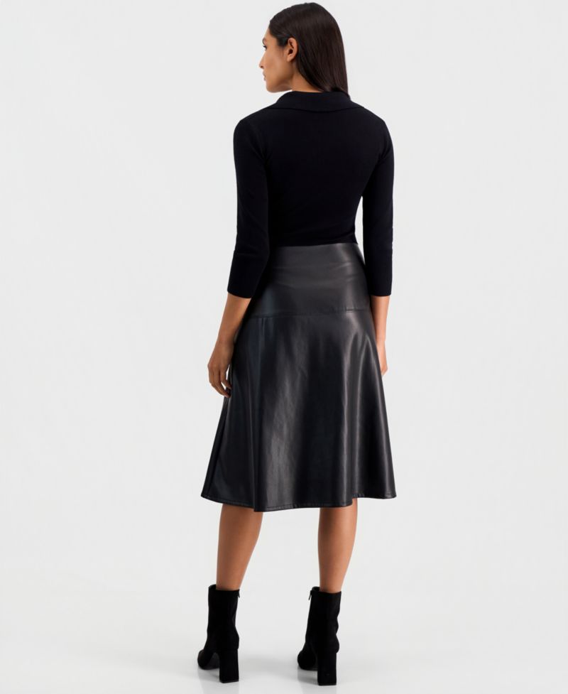 Women's Faux-Leather-Skirt Split-Collar 3/4-Sleeve Dress
