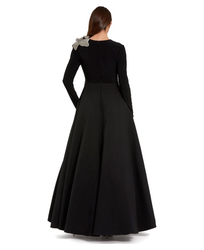 Petite Long Sleeve Taffeta 3D Flower Ball Gown