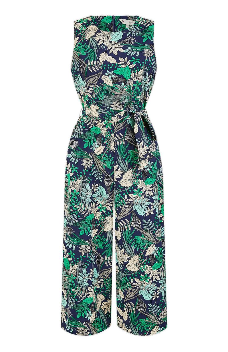 Women's Sleeveless Leaf Print Culotte Jumpsuit