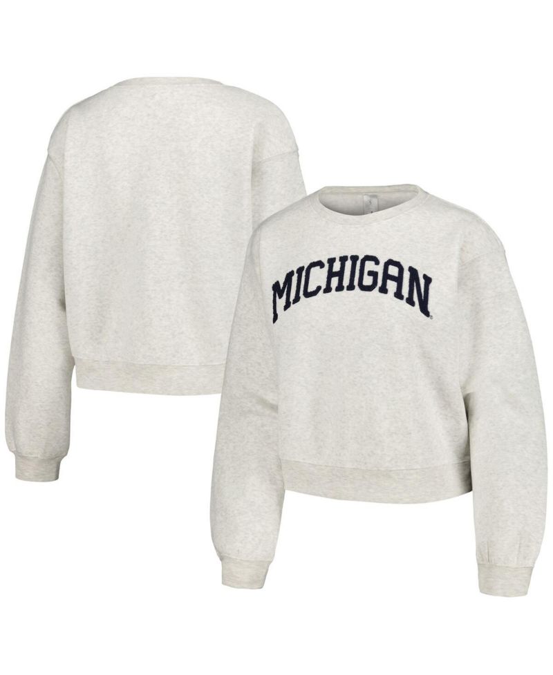 Women's Oatmeal Michigan Wolverines Core Chenille Cropped Pullover Sweatshirt