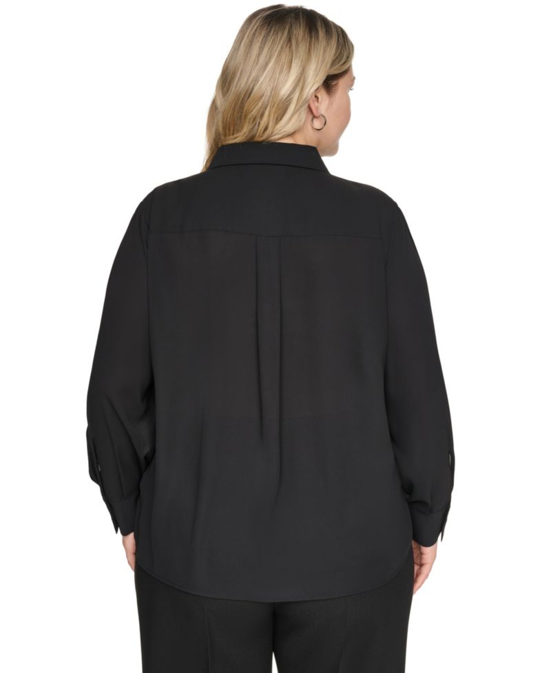 Plus Size Long-Sleeve Collared Pleated Blouse