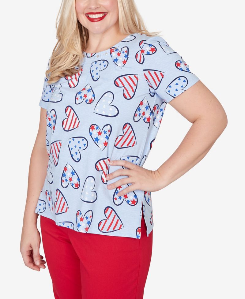Petite Lady Liberty American Flag Hearts Printed Short-Sleeve T-Shirt