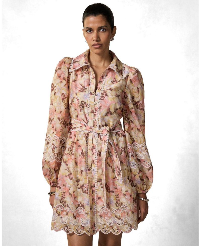 Women's Floral-Print Long-Sleeve Scallop Hemline Mini Dress